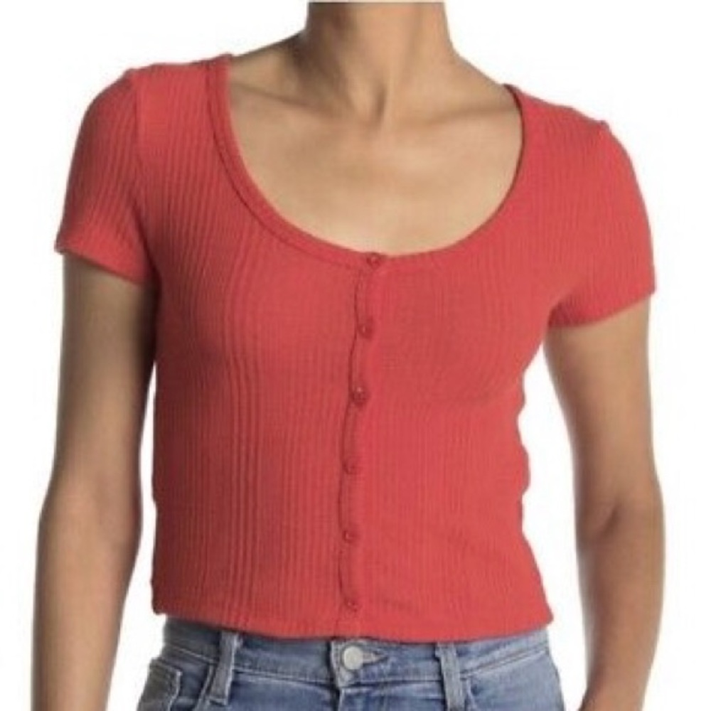 Elodie Women’s Waffle Knit Short Sleeve Button Up Crop Top / Size: XL / Summer